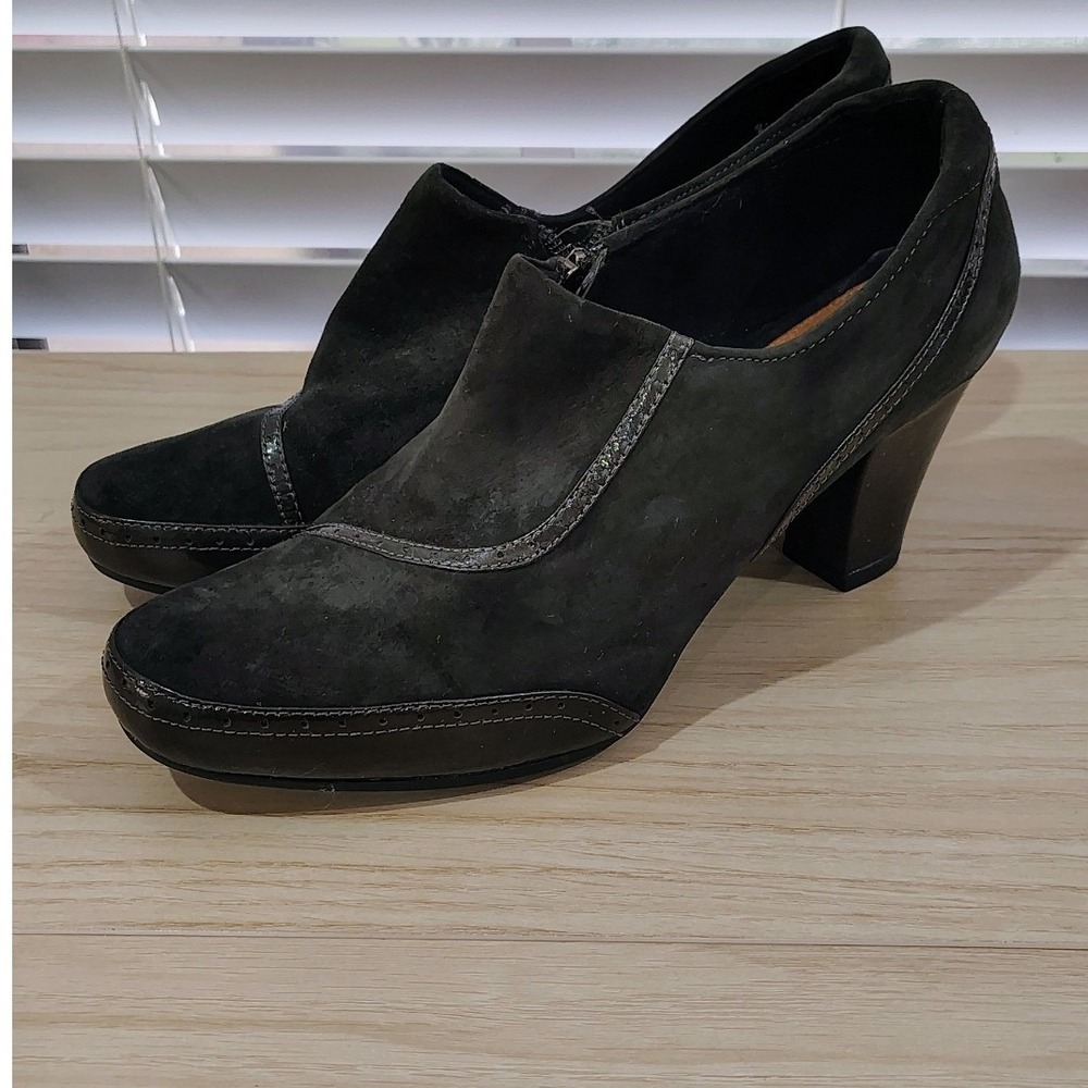 Clarks Artisan Active Air Black Leather Suede Ankle Bootie Heel Womens 10M Artsy
